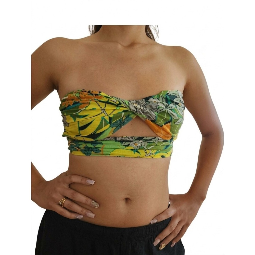 Hazel Boutique Bandeau Top Women S Yellow Tropical Floral Twist Front Boho Top